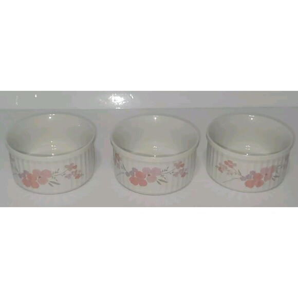 Vintage Galleria Collection Stoneware Ramekins Pink Flowers 1985 Set of 3 - Picture 2 of 8